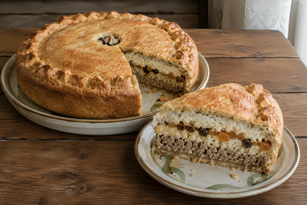 A slice of Gubadia pie showing distinct layers of seasoned minced meat, rice, dried fruit, and qort curd inside a thick crust.