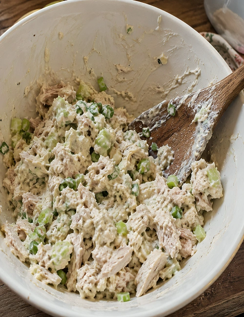 A wooden spoon stirring chicken, sliced green onions, diced celery, and mayonnaise dressing in a large mixing bowl.