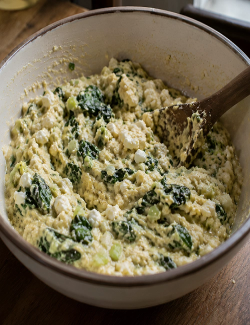 Pispili cornmeal batter mixed with wilted greens and crumbled feta cheese.
