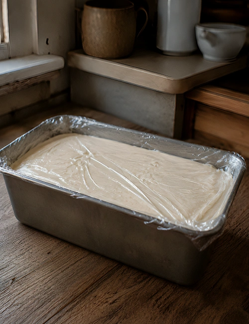 Ice cream mixture smoothed in a metal loaf pan and covered tightly with plastic wrap