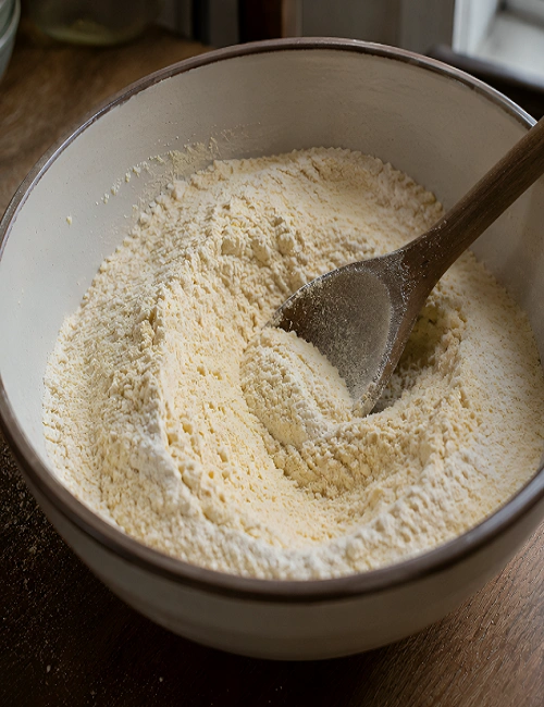 Cornmeal and flour mixed together in a bowl with a wooden spoon.