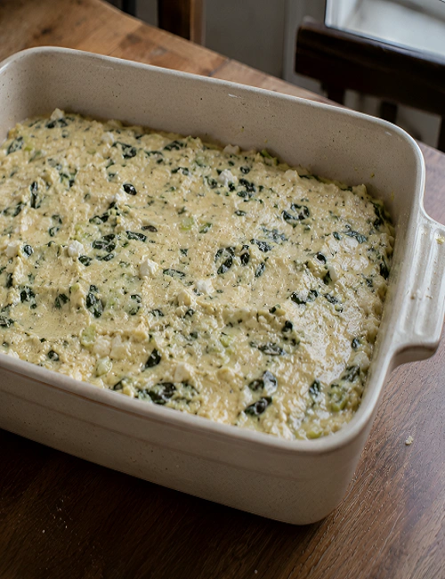 Pispili cornmeal and spinach batter smoothed out in a ceramic baking dish.
