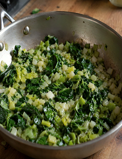 Chopped spinach and leeks cooking gently in a stainless steel skillet.