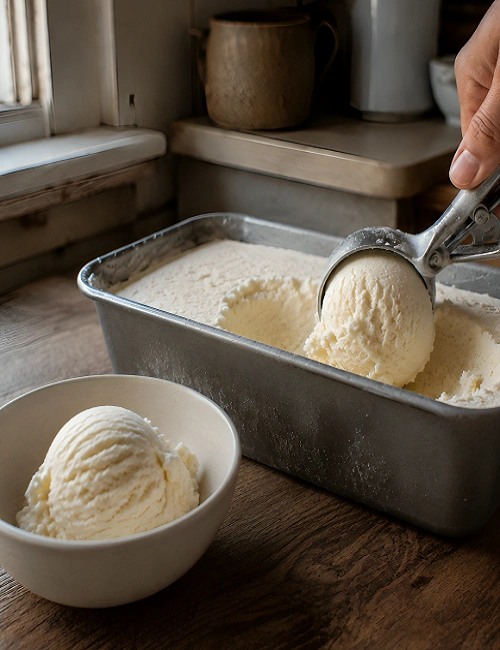 Metal ice cream scoop digging into frozen vanilla ice cream in a loaf pan