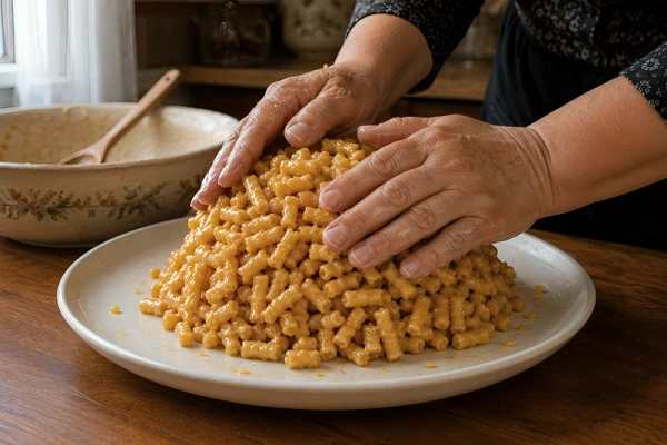 Pressing honey coated dough into a mound shape using wet hands