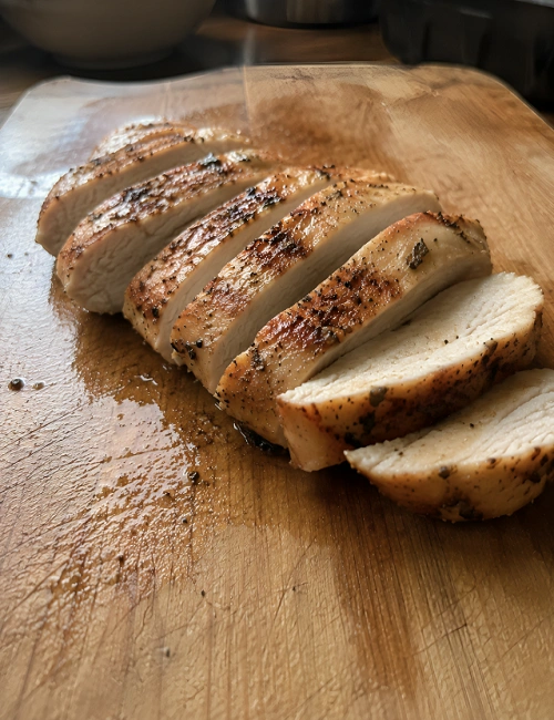 Sliced chicken breast resting on a wooden board