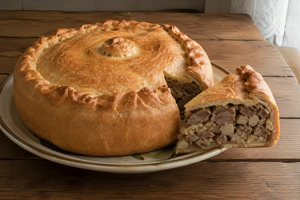 A whole baked Balesh pie alongside a cut slice revealing rich chunks of cooked meat and potatoes.