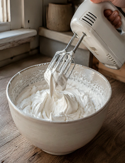 Whipping heavy cream in a beige bowl using a hand mixer until stiff peaks form