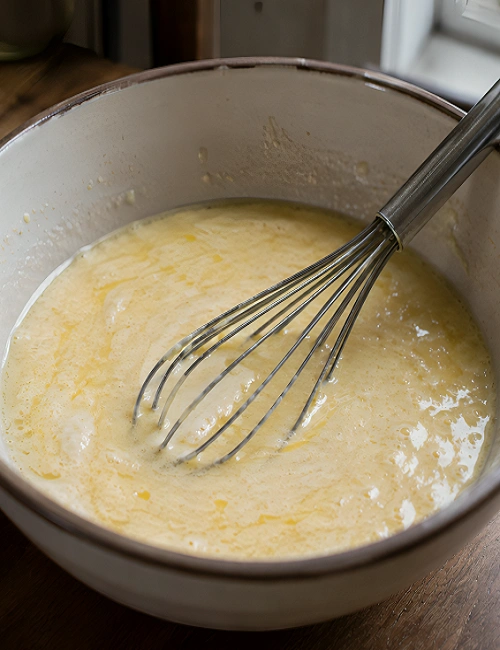 Whisking eggs yogurt and olive oil together in a ceramic bowl.