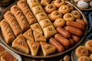Traditional Albanian desserts platter featuring baklava, kadaif, sheqerpare, tulumba, and walnut pastries served on a large tray