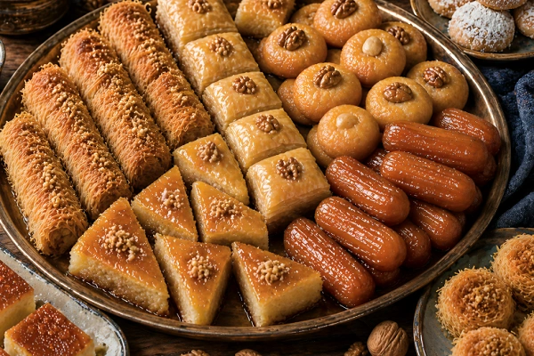 Traditional Albanian desserts platter featuring baklava, kadaif, sheqerpare, tulumba, and walnut pastries served on a large tray