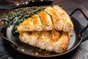 Bosnian burek pastry with crispy phyllo layers served on a rustic plate