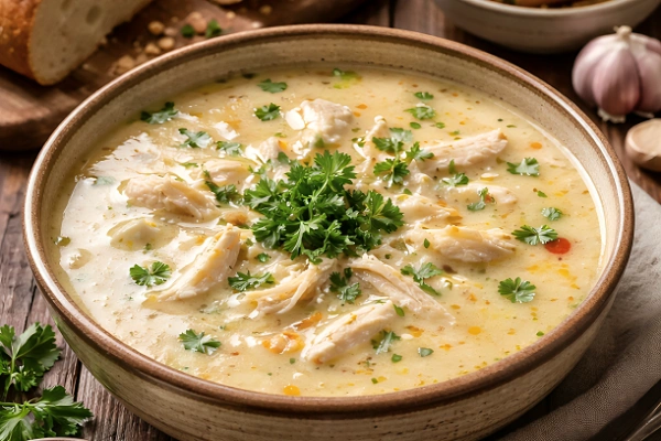 Ciorba Radauteana, traditional Romanian sour chicken soup with shredded chicken, sour cream, and parsley served in a rustic bowl