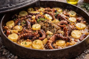 Croatian octopus peka cooked under a metal lid with potatoes and herbs
