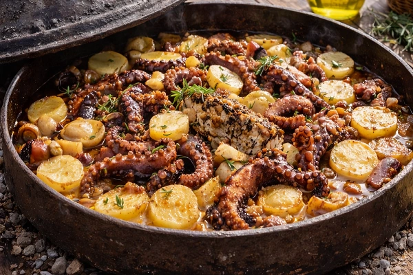 Croatian octopus peka cooked under a metal lid with potatoes and herbs