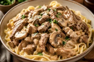 Gluten free beef stroganoff served over creamy pasta with mushrooms and rich sauce in a bowl
