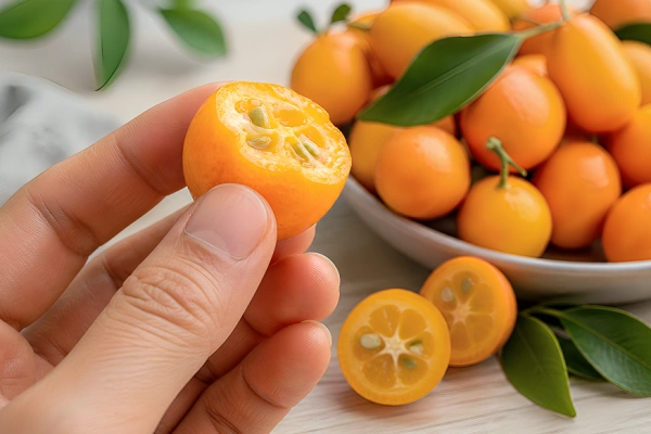 Hand holding a bitten kumquat showing its edible peel and juicy interior