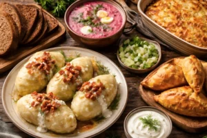 Traditional Lithuanian food platter with cepelinai dumplings, pink beet soup šaltibarščiai, rye bread, kugelis, and kibinai on a rustic wooden table