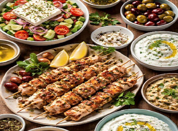 Low carb Greek food with grilled souvlaki, Greek salad, tzatziki, olives, and fresh Mediterranean dishes