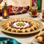 Traditional Moroccan desserts platter with assorted sweets and mint tea in a decorative setting