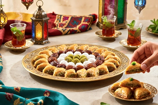 Traditional Moroccan desserts platter with assorted sweets and mint tea in a decorative setting