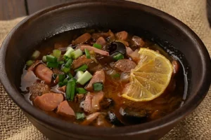 Solyanka soup in a rustic bowl with mixed meats, olives, lemon slice, and fresh herbs