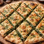 Traditional Croatian soparnik recipe pie cut into diamond shapes with Swiss chard filling on a rustic wooden board