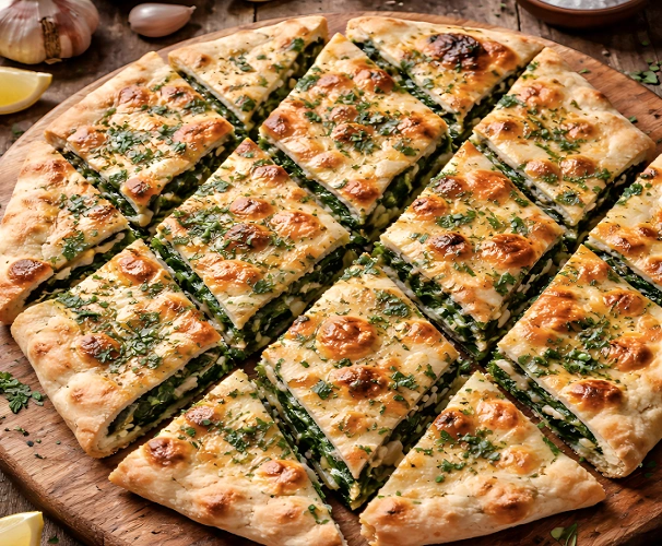 Traditional Croatian soparnik recipe pie cut into diamond shapes with Swiss chard filling on a rustic wooden board