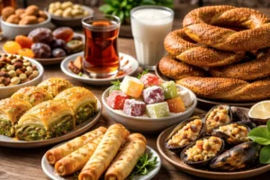 Turkish snacks including simit, baklava, lokum, börek, and midye dolma on a traditional table