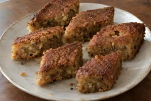 Albanian Shëndetlie honey walnut cake cut into pieces on a plate