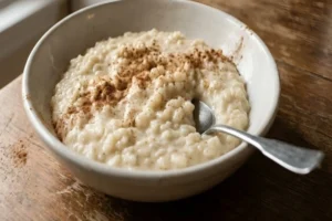 A rustic ceramic bowl of thick Albanian Sultjash rice pudding generously sprinkled with ground cinnamon, resting on a wooden tabletop with a metal spoon resting inside.