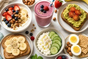 no cook breakfast ideas with yogurt smoothie avocado toast eggs and peanut butter banana toast