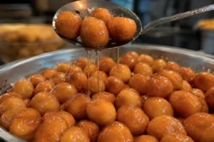 Golden crispy lokma being lifted from syrup with a spoon, traditional Turkish fried dough balls close-up
