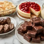 No-bake desserts with condensed milk including cheesecake, chocolate fudge, banana pudding, and biscuit cake on a marble table