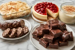 No-bake desserts with condensed milk including cheesecake, chocolate fudge, banana pudding, and biscuit cake on a marble table