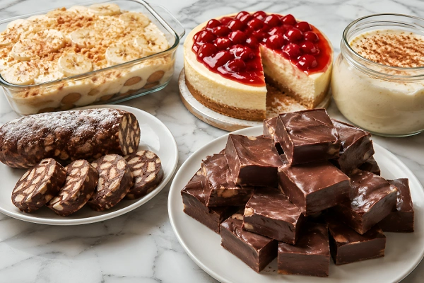 No-bake desserts with condensed milk including cheesecake, chocolate fudge, banana pudding, and biscuit cake on a marble table