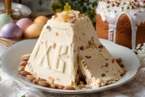 Traditional Russian Pashka dessert shaped in a pyramid mold, sliced to show creamy texture with raisins and almonds, served on an Easter table with kulich bread and decorated eggs
