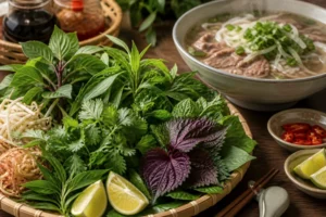 Fresh rau thom herb platter with Vietnamese pho, including basil, mint, cilantro, lime, and bean sprouts