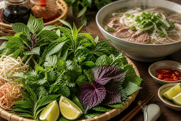 Fresh rau thom herb platter with Vietnamese pho, including basil, mint, cilantro, lime, and bean sprouts