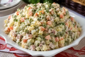 Traditional Russian Olivier salad with diced potatoes, carrots, peas, eggs, and mayonnaise served on a plate