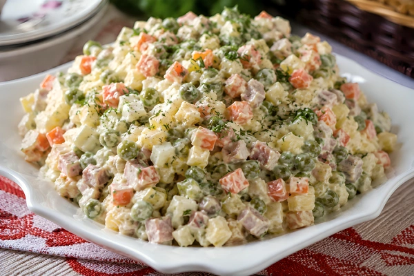 Traditional Russian Olivier salad with diced potatoes, carrots, peas, eggs, and mayonnaise served on a plate