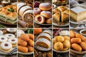 Collage of traditional Serbian pastries including gibanica, štrudla, krofne, baklava, krempita, vanilice, hurmašice, bundevara, uštipci, and tulumbe, showcasing Balkan desserts on rustic plates