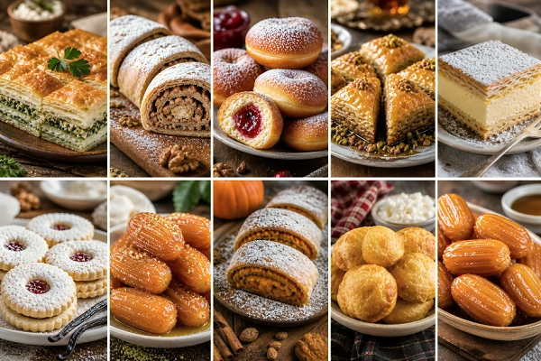Collage of traditional Serbian pastries including gibanica, štrudla, krofne, baklava, krempita, vanilice, hurmašice, bundevara, uštipci, and tulumbe, showcasing Balkan desserts on rustic plates