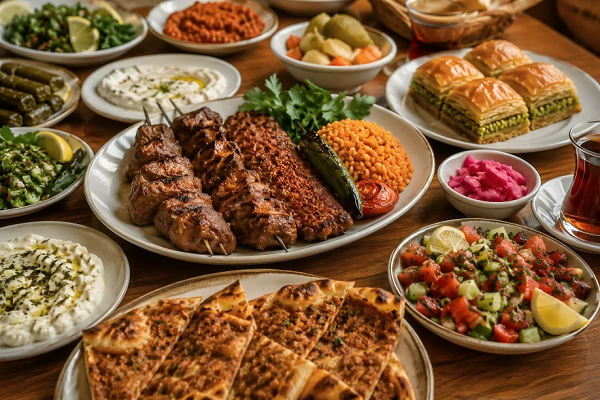 Traditional Turkish halal food spread with kebabs, lentil rice, fresh salads, pide bread and baklava on a dining table