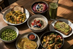 Colorful vegan high protein breakfast spread with tofu scramble, overnight oats, smoothie bowl, avocado toast, lentils and plant-based protein foods on a wooden table