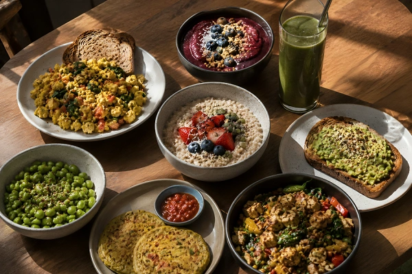 Colorful vegan high protein breakfast spread with tofu scramble, overnight oats, smoothie bowl, avocado toast, lentils and plant-based protein foods on a wooden table