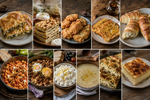 Traditional Albanian breakfast dishes including byrek, flija, petulla, bukë me vezë, kifle, fërgesë, gjizë, trahana, pispili, and qumështor