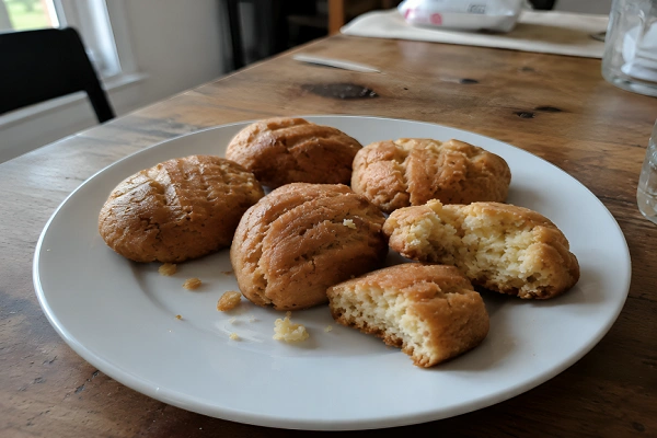 Homemade Albanian sheqerpare cookies on a white plate with one broken showing soft interior
