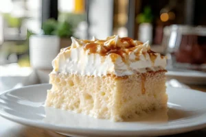 Traditional Albanian Trilece cake topped with whipped cream and caramel sauce served on a white plate
