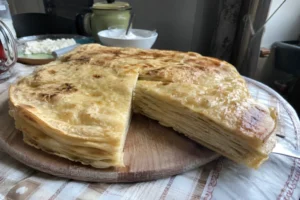 Traditional Albanian Flija recipe showing layered pastry cooked with butter and cream, sliced on a wooden serving board
